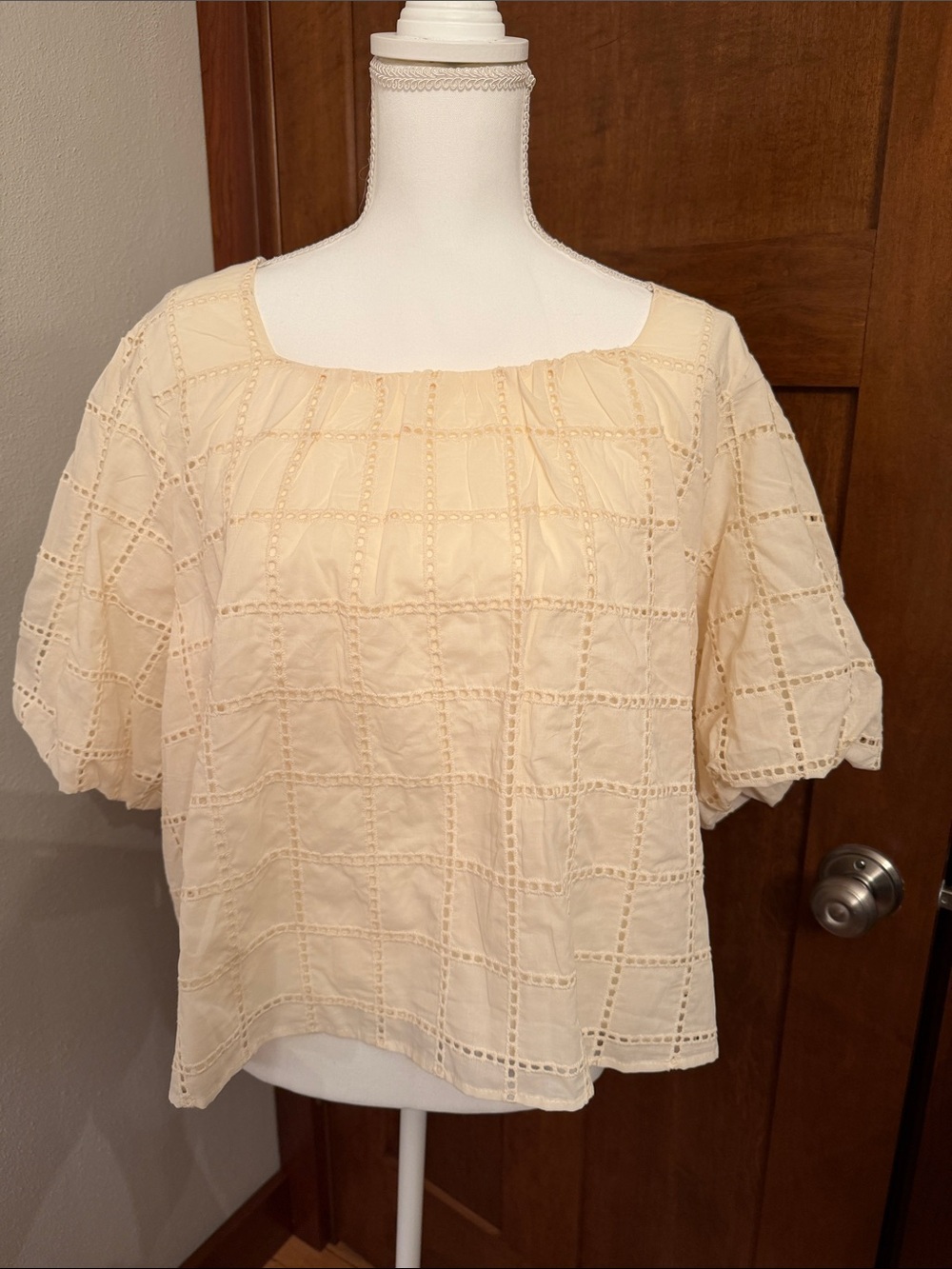 Women's Cream Eyelet Square-Pattern Blouse - Melloday